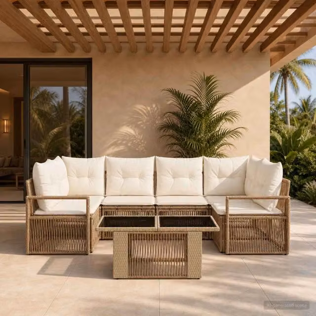 Set Divano da Giardino 7 pz Beige e Bianco Crema polyrattan 3437058