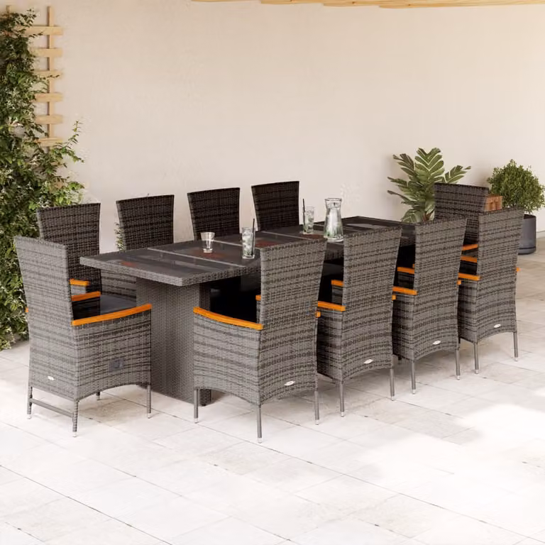 Set da Pranzo da Giardino vidaXL in Polyrattan e Legno di Acacia con Cuscini, 11 Pezzi, Grigio