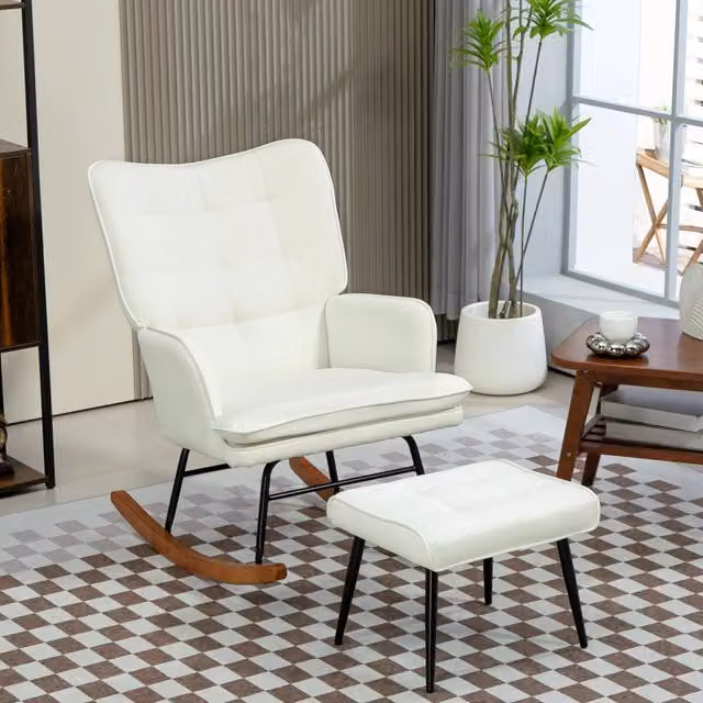 Sedia a dondolo REDOM con poggiapiedi integrato, colore bianco, struttura in legno e metallo, L/P/H: 64 x 89 x 90 cm