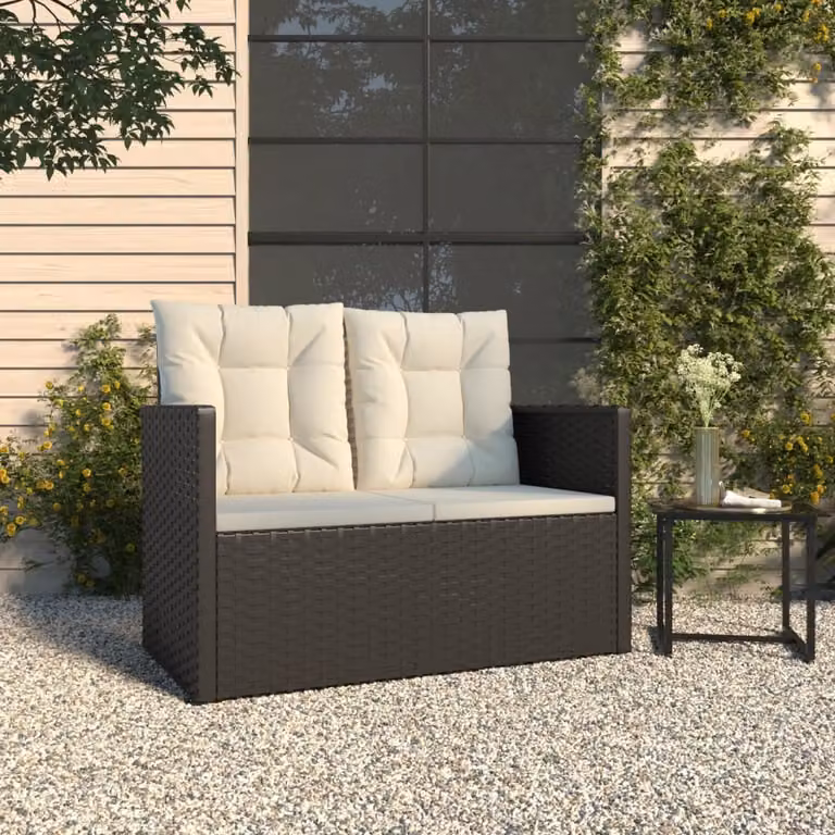 The Living Store Panca da giardino con cuscini Nero 105 cm Poly Rattan