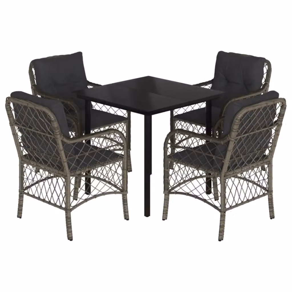 Set da pranzo da giardino moderno vidaXL in rattan e vetro con struttura in acciaio verniciato nero e cuscini grigi – 2