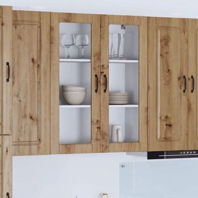 Pensile da cucina moderno vidaXL in legno color rovere con ante in vetro e ripiani interni L: 80 cm, P: 31 cm, H: 100 cm – 1