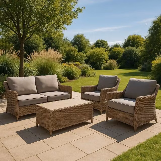 Set Salotto da Giardino Adriano Fatto Per Voi in Rattan Beige con Divano a 2 Posti, Tavolino da Caffè e Cuscini