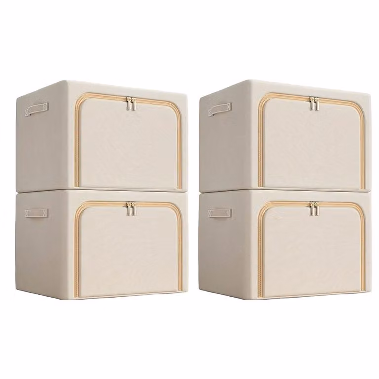 set di 4 scatole portaoggetti in tessuto Oxford, impermeabile, pieghevole, 100L, scomparti, per vestiti e guardaroba, senza finestra, beige