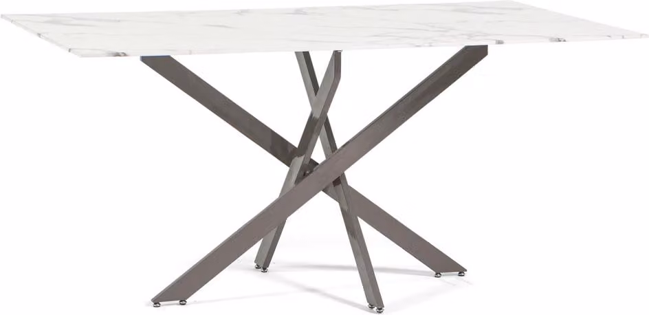 Tavolo rettangolare con piano in vetro temperato effetto marmo e struttura in metallo incrociato - design moderno, elegante e robusto per cucina, sala da pranzo, soggiorno e ufficio - MORGAN - marmo bianco/tortora