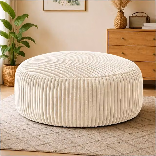 Divano Tondo Minimal in Tessuto Beige con Schiuma di Memoria, Diametro: 143 cm – 1