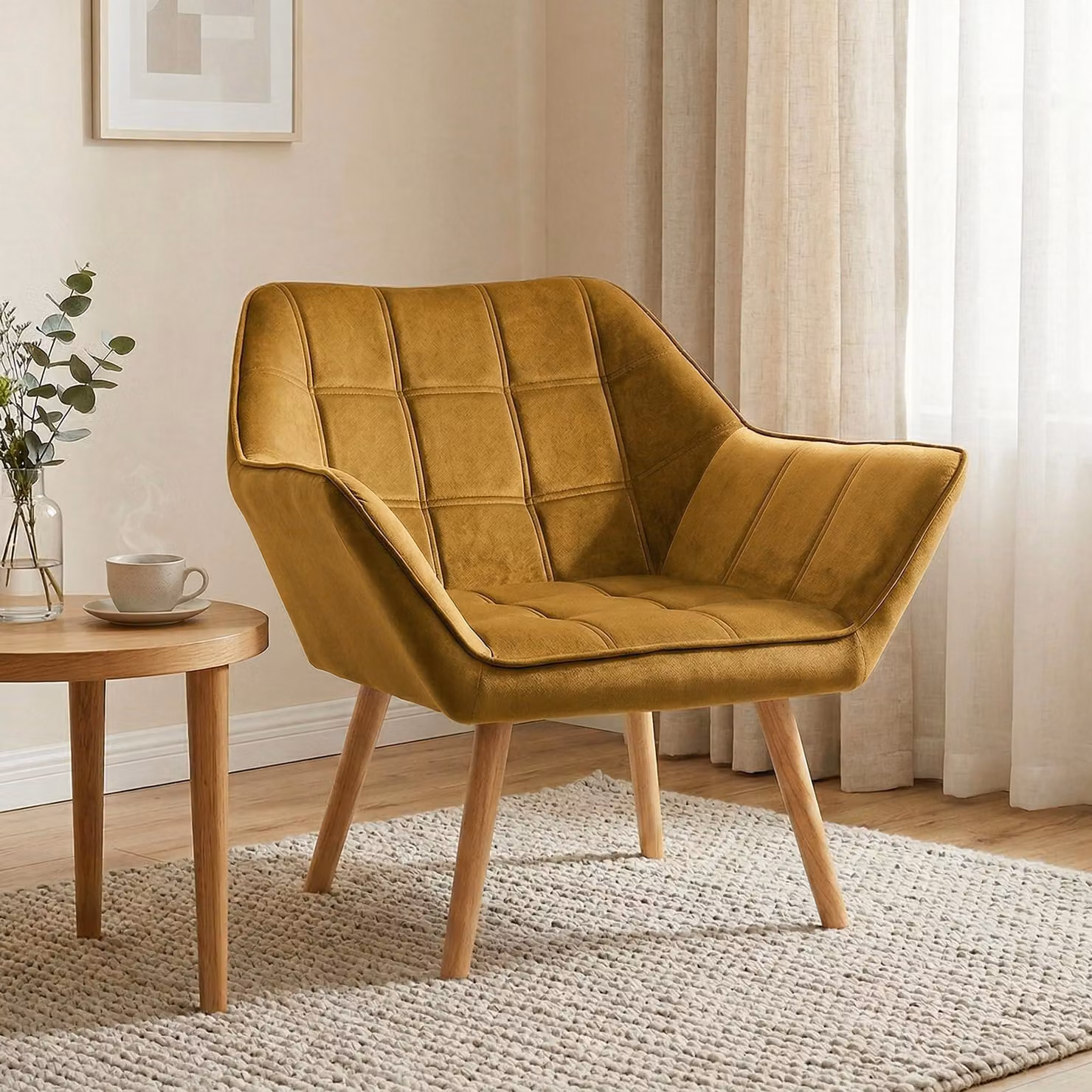 HOMCOM Poltrona singola con braccioli, poltrona relax con gambe in legno, effetto velluto, giallo