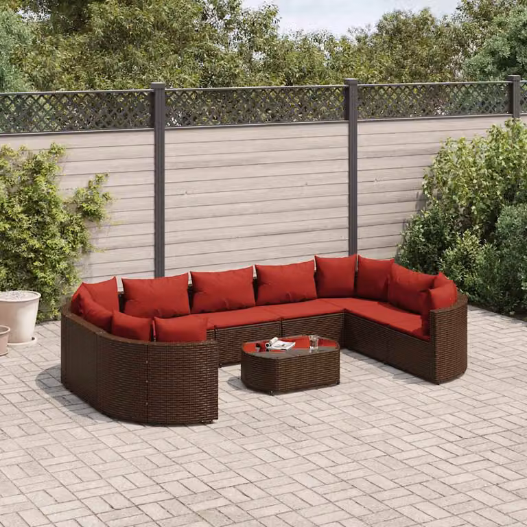 Set da giardino vidaXL composto da 10 pezzi con divani, tavolino e cuscini in polyrattan marrone e struttura in acciaio verniciato a polvere