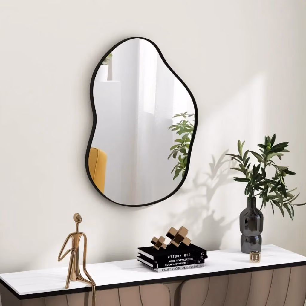 Specchio da parete asimmetrico moderno DESIGN IN in vetro e metallo nero, L: 78 cm, H: 56,5 cm – 2
