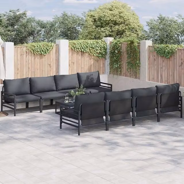 Set Divano da Giardino a Forma di U vidaXL in Acciaio Verniciato Nero con Cuscini e Tavolino da Caffè