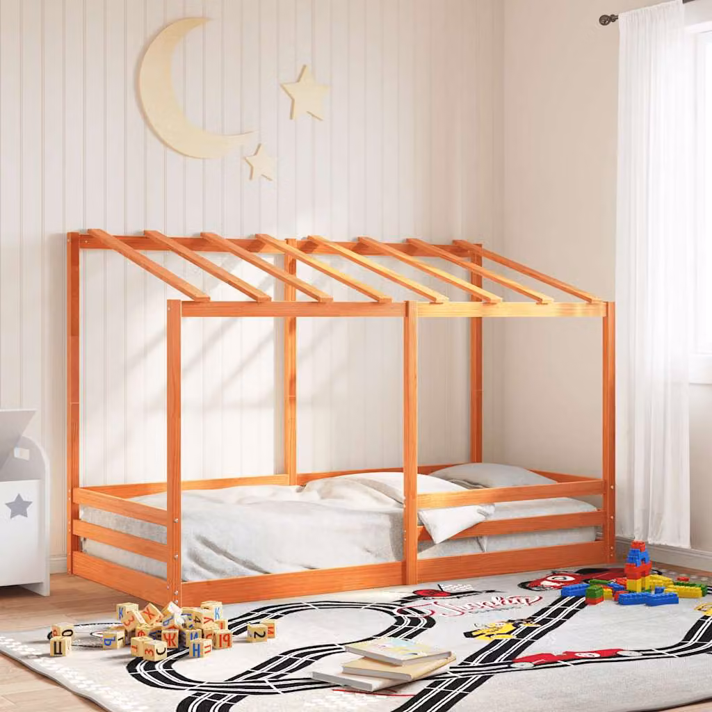 Letto per bambini vidaXL con struttura a casetta in legno di pino massello, colore marrone cera, 90 x 200 cm
