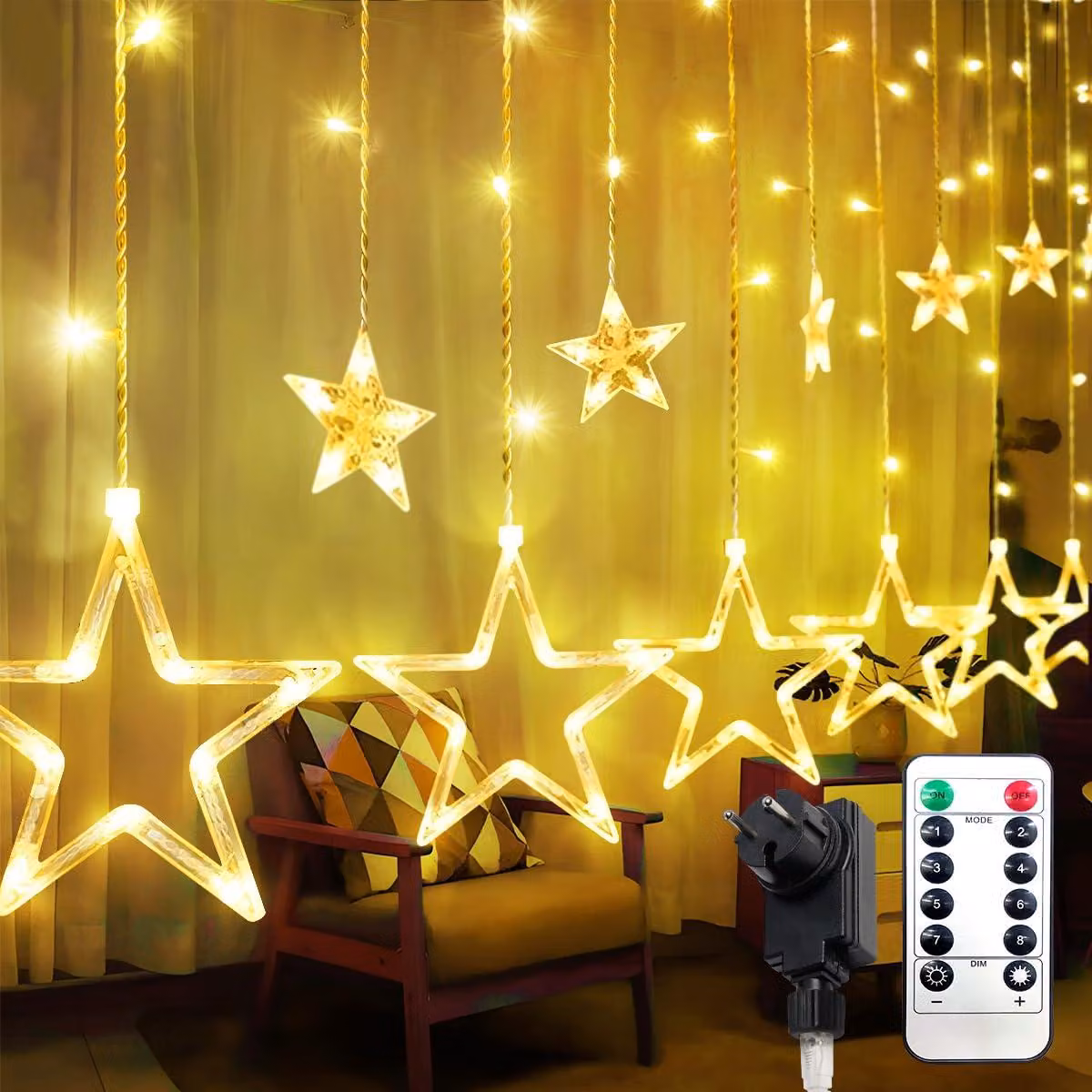 Catena luminosa a forma di stella, luce bianco caldo, 138 LED, 10 metri, 8 modalità