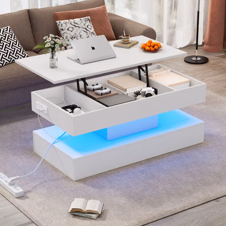 okwish Tavolino, Tavolino con illuminazione a LED e portaoggetti nascosto - Tavolo pieghevole con sollevamento idraulico, Bianco