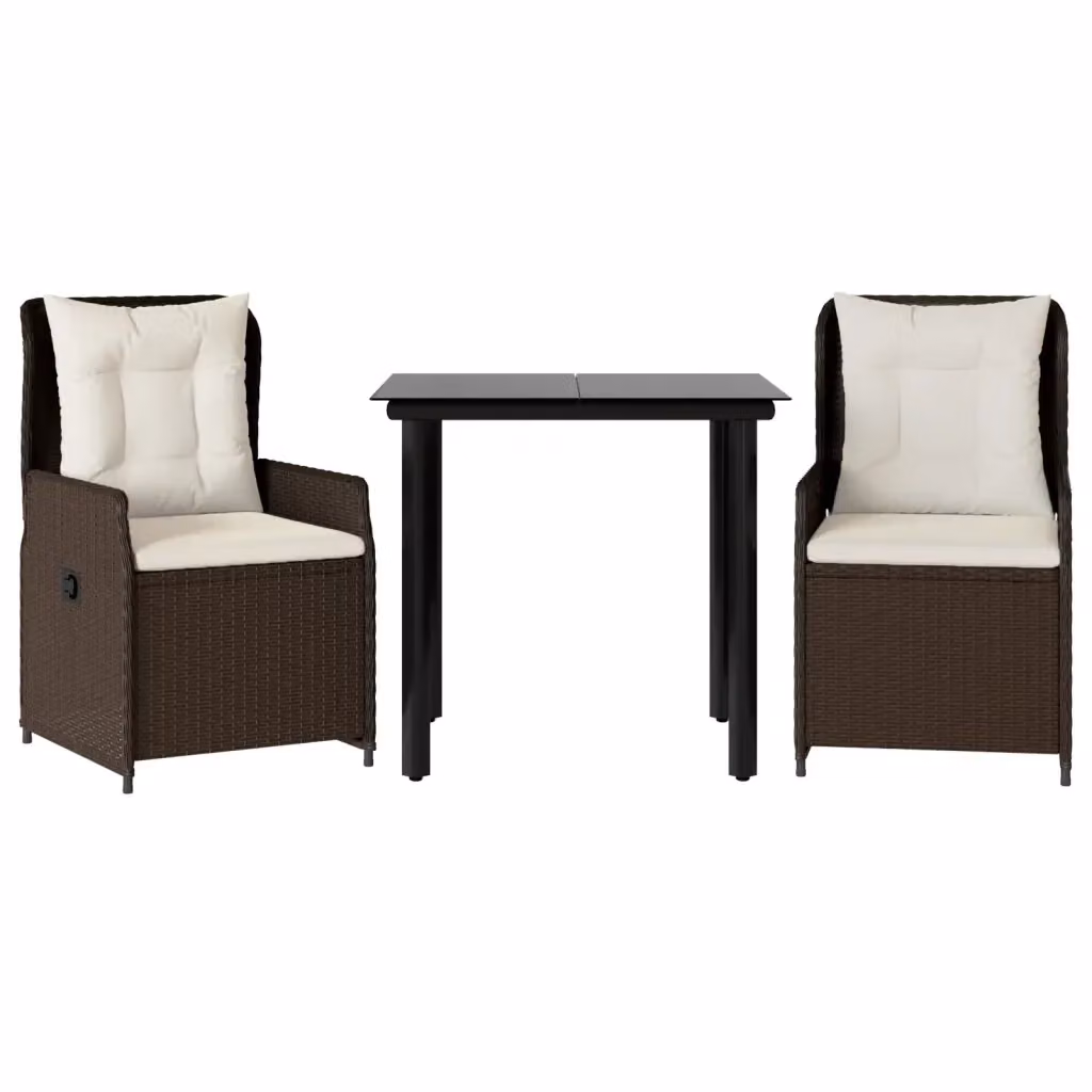 vidaXL Set da Pranzo da Giardino 3pz in Polyrattan Marrone con Cuscini e Tavolo in Vetro – 2