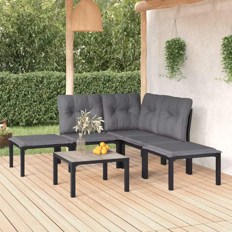 Set Salotto da Giardino vidaXL 6 pz a Forma a L con Cuscini, Colore Nero e Grigio
