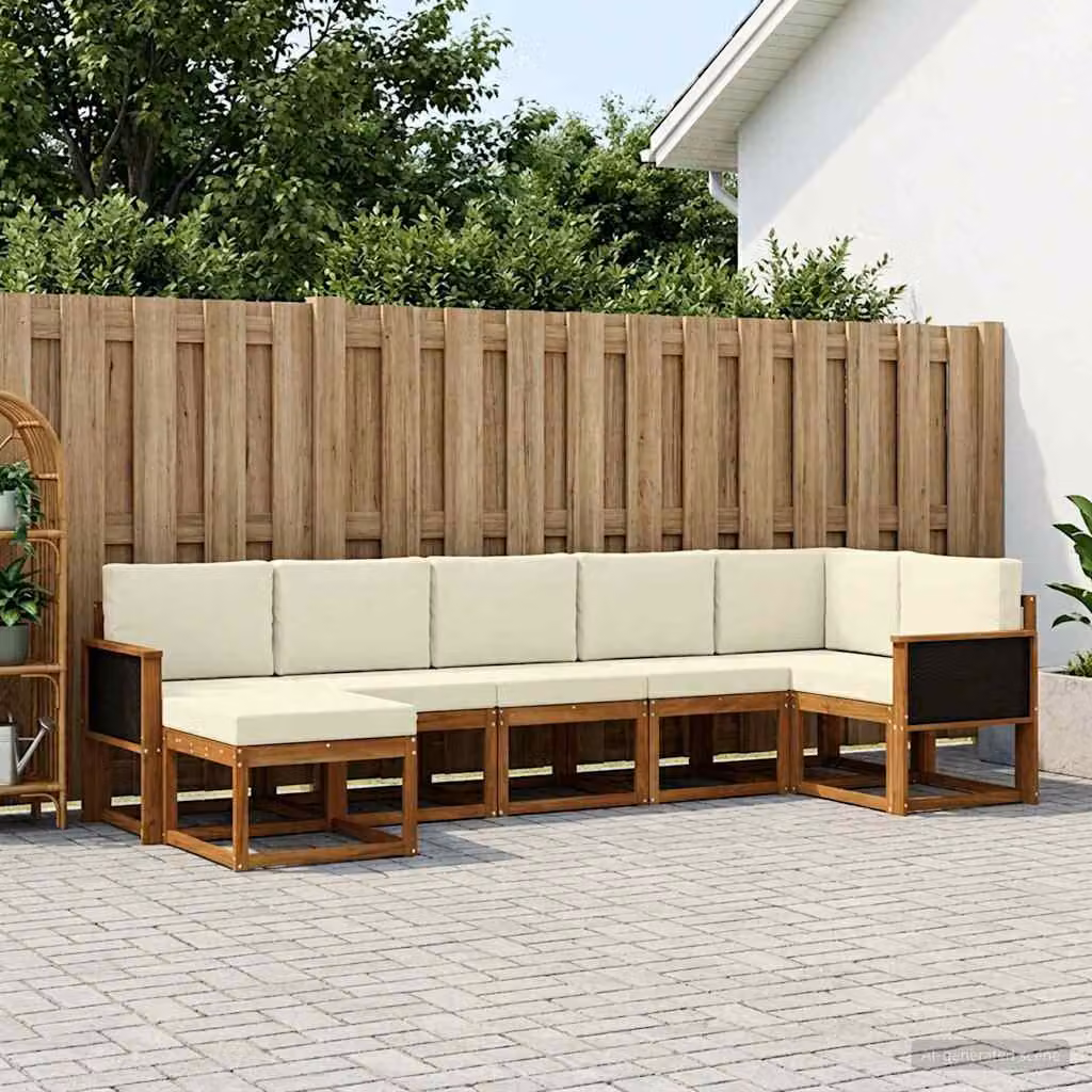 Set di divani da esterno vidaXL 7 pz a forma di L in legno di acacia con cuscini beige e bianchi
