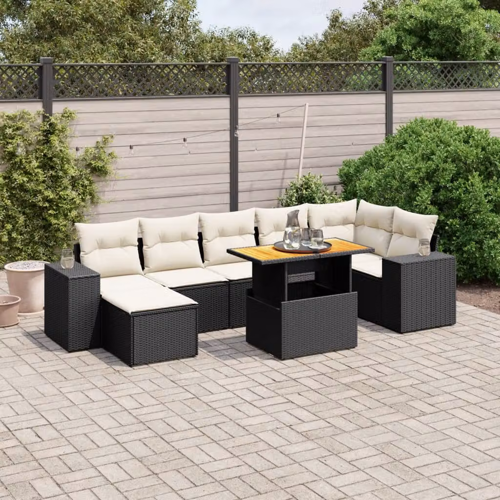 vidaXL Set Divani da Giardino a L con Cuscini 8 pz in Polyrattan Nero e Acacia – 1