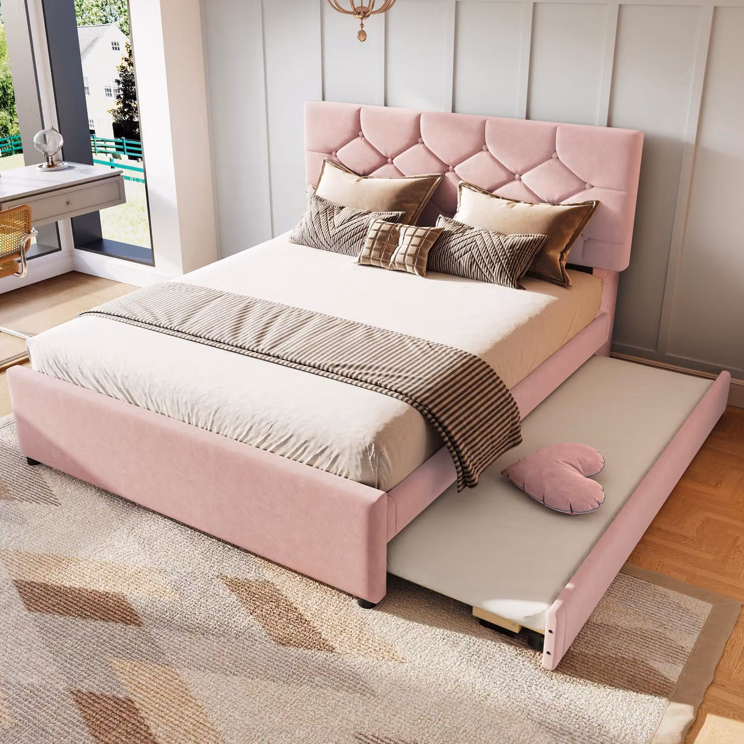 Letto imbottito okwish 140x200 con rete a doghe e contenitore, letto matrimoniale con letto estraibile, letto per ragazzi con telaio in MDF, rivestimento in flanella e testiera con bottoni, senza materasso, rosa