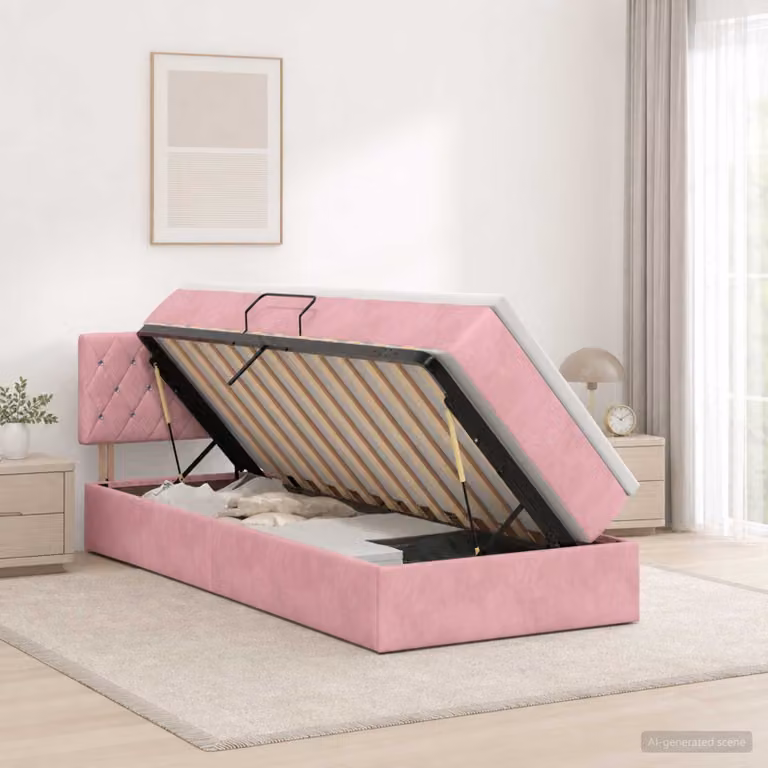 Letto con contenitore e testiera vidaXL in velluto rosa, L/P/H: 90 x 200 cm