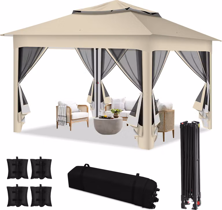 Clanmacy Gazebo 3,3x3,3x2,7 m, gazebo pieghevole, tendone da giardino con 4 pannelli laterali in rete, protezione UV 50+, doppio tetto, beige