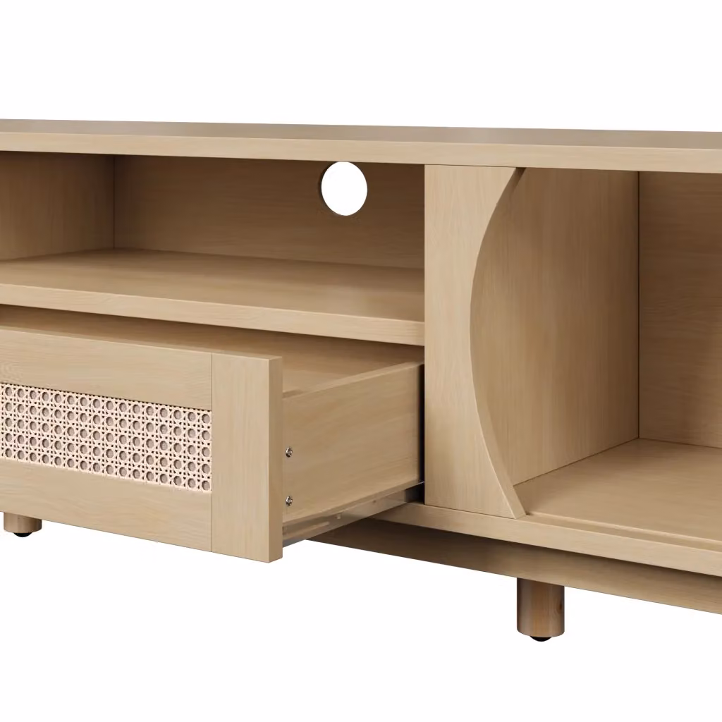 Mobile TV Minimal Rovere con ante e cassetti in effetto rattan beige stile rustico L: 165 cm, P: 37 cm, H: 46 cm – 2
