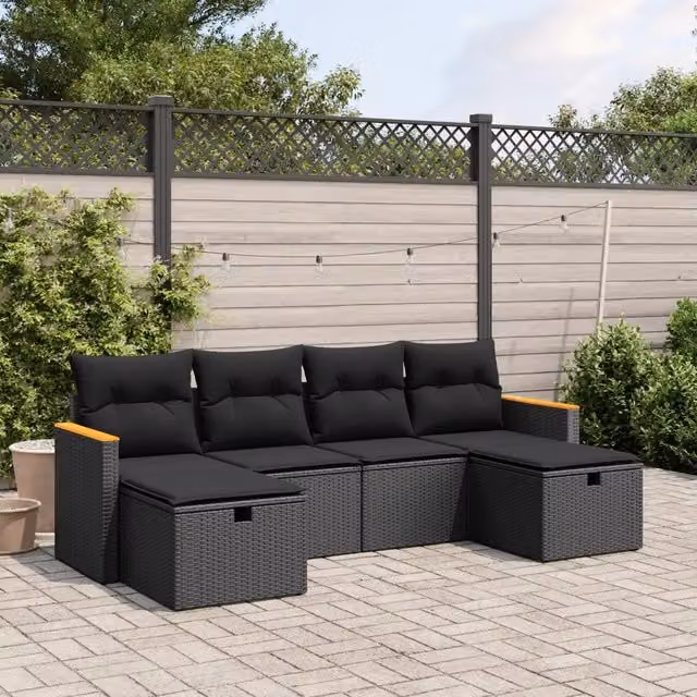 Set Divano da Giardino a L vidaXL 6 pz in Polyrattan Nero con Cuscini e Ottoman