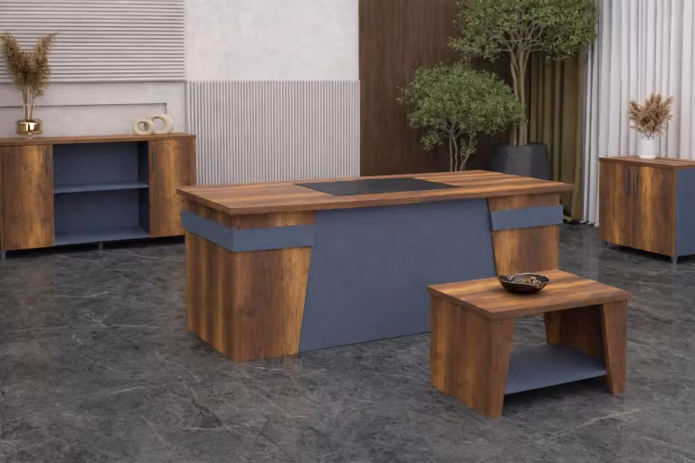 Elegante set da studio, design moderno, grigio, marrone, struttura in legno