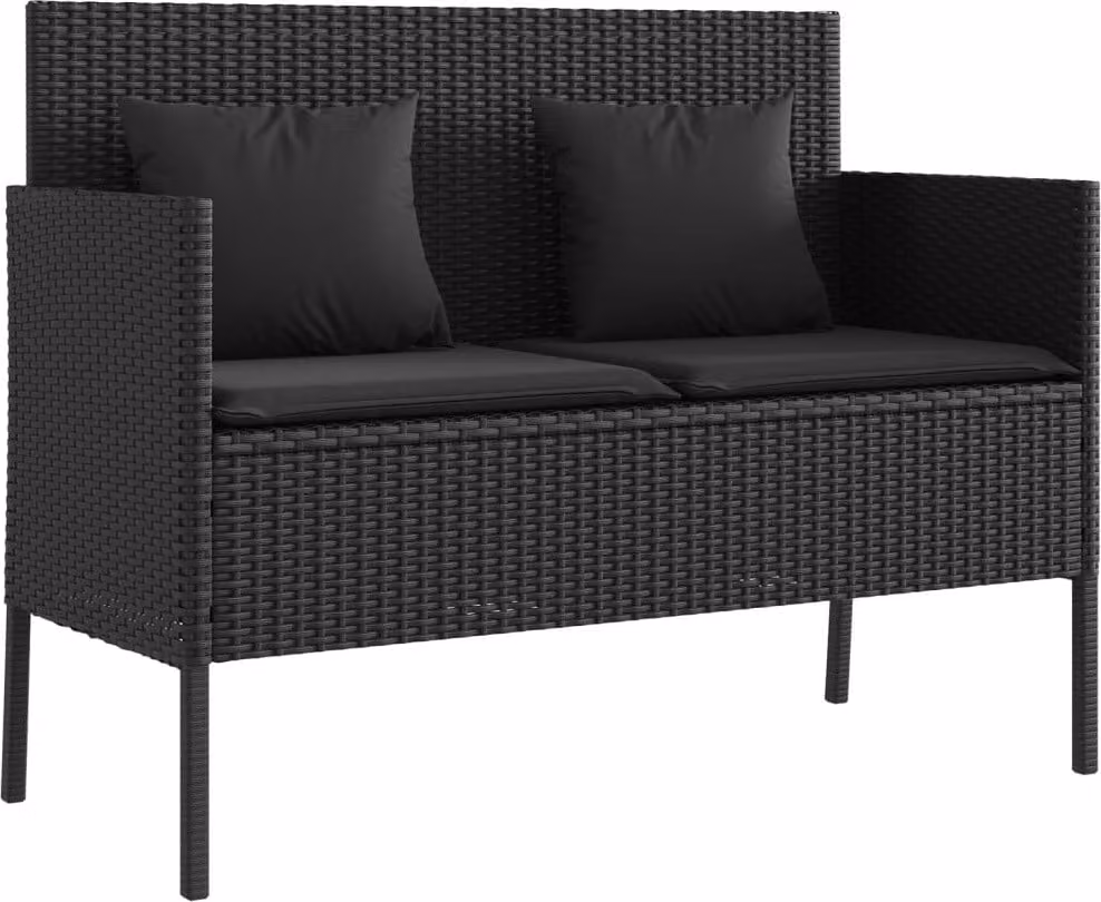 Panca da Giardino con Cuscini Nera in Polyrattan