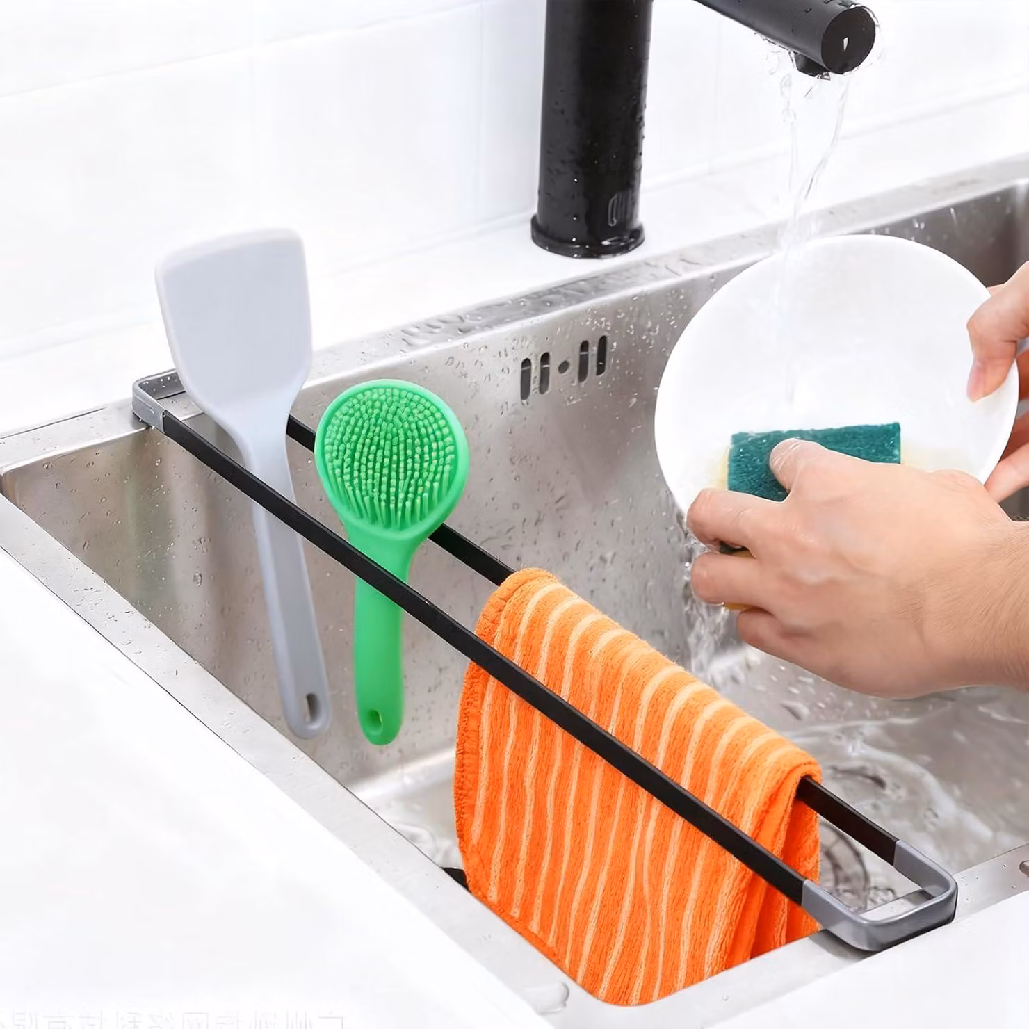 Organizzatore per il lavello, confezione da 2 pezzi, in ABS, colore nero, per la cucina