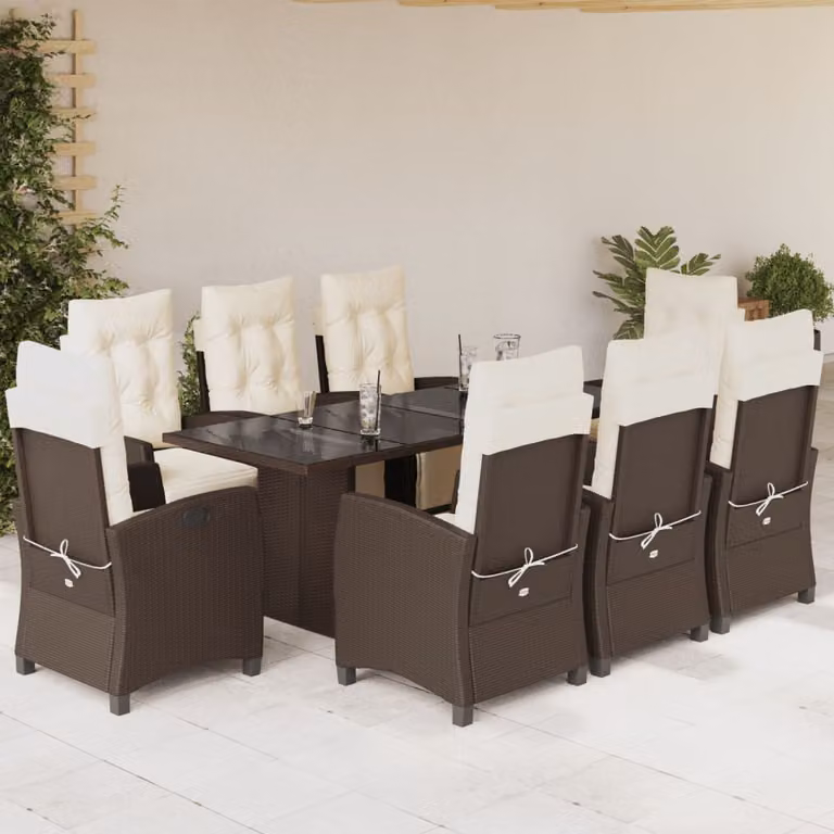 Set da Pranzo da Giardino vidaXL in Polyrattan Marrone con 9 Pezzi e Cuscini Bianchi