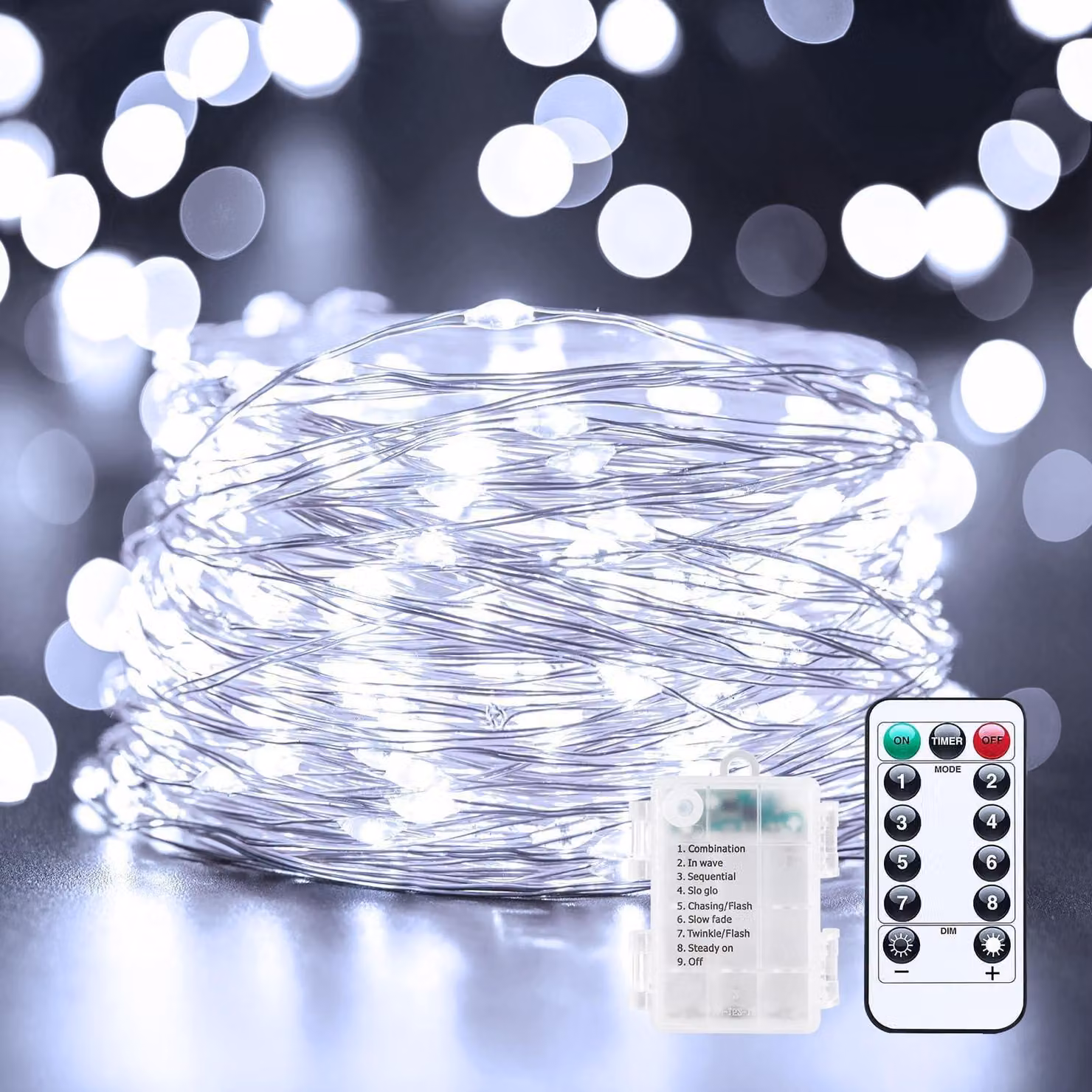 Catena luminosa a LED, 10 metri, 100 LED, luce bianca fredda, alimentata a batteria, con telecomando