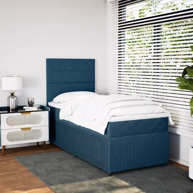 Letto singolo moderno vidaXL con struttura in velluto blu e bianco, materasso ibrido e illuminazione sottostante, L/P/H: 90 x 190 x 150,5 cm