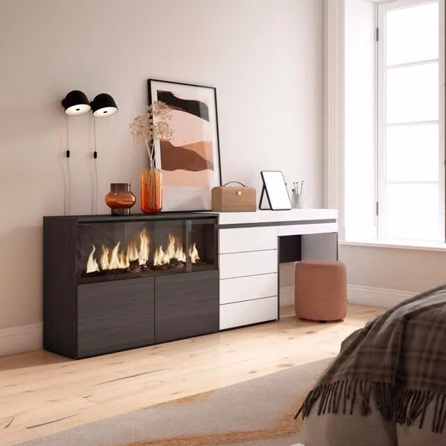 Tavolo da toeletta, 234x35x75cm, Con cassetto, Camino elettrico XXL, Cassettiera, Bianco RF3455