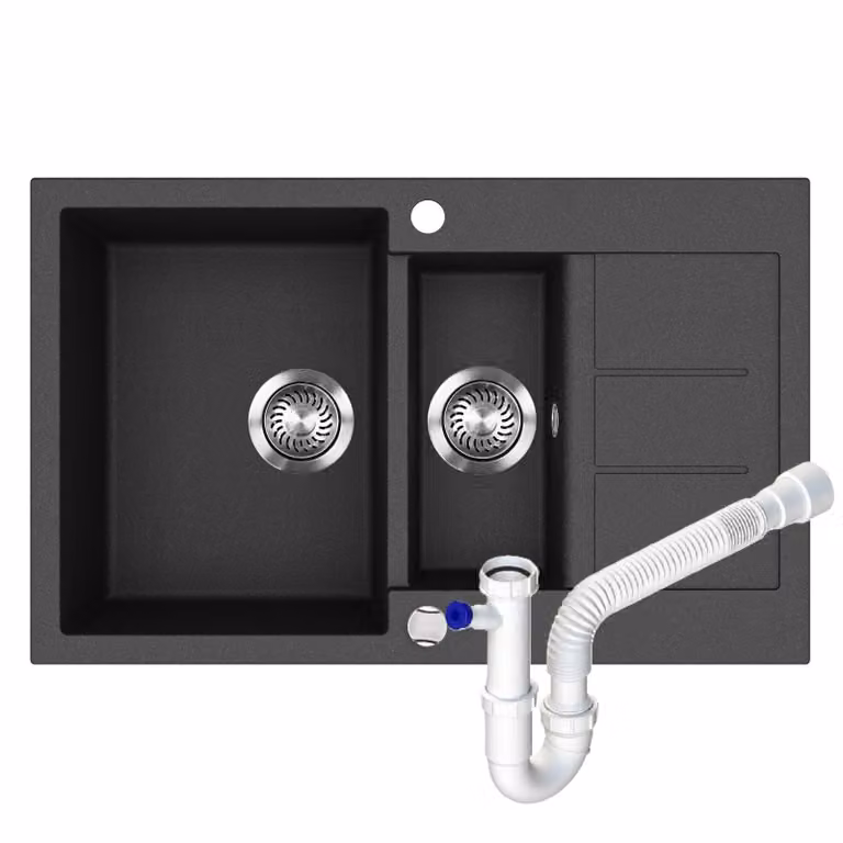 Lavello da cucina in granito 80×50 cm da incasso con sifone, doppia vasca SQT151-601AW