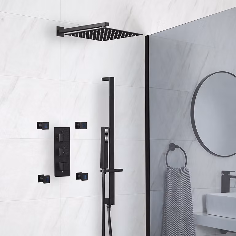 Sistema Doccia Termostatico Nero con Deviatore, Soffione Quadrato da 300mm, Asta Saliscendi, Doccetta e Idrogetti (3 Vie) - Preto