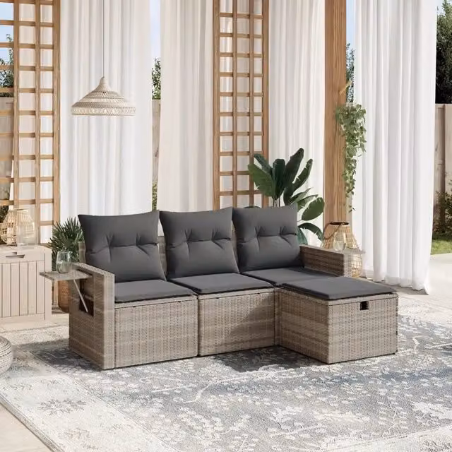 Set Divano da Giardino 4 pz con Cuscini-Sofa da Giardino-Divanetto da esterno Grigio Chiaro Polyrattan 487154