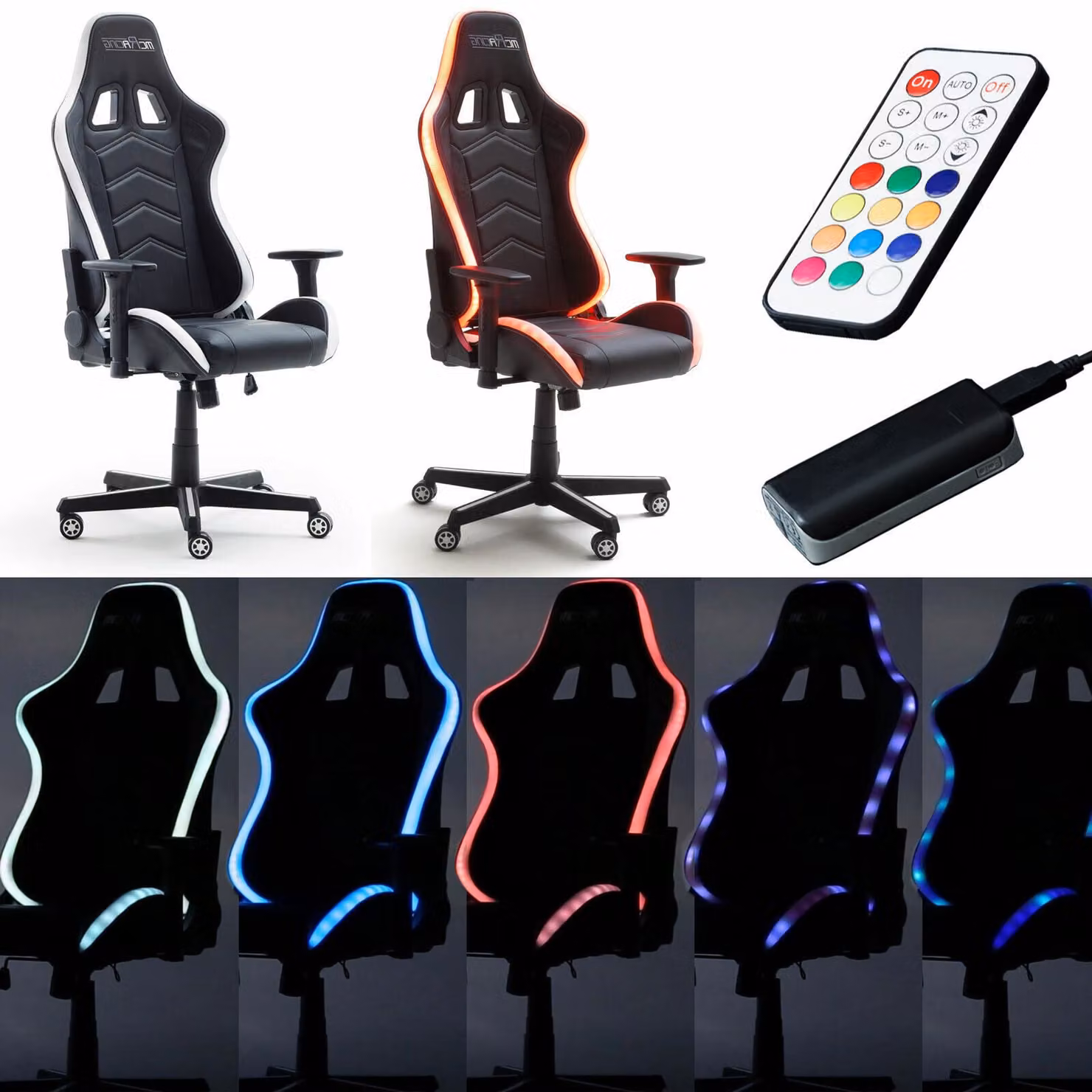 Poltrona da gioco McRACING LED, poltrona da ufficio Racer, bianco e nero
