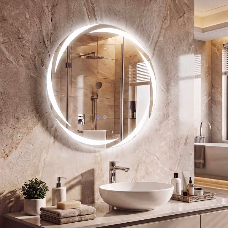 Specchio da bagno rotondo Costway con LED retroilluminato e funzione anti-appannamento, vetro temperato bianco, dimmerabile e a parete