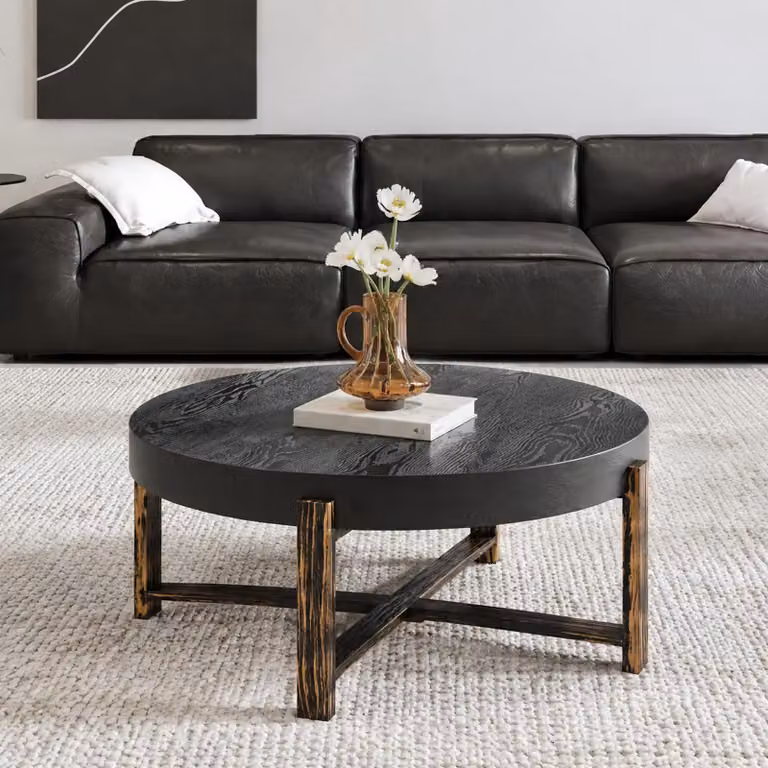 Tavolino rotondo, diametro 68 cm, stile retrò industriale, MDF, struttura a croce in metallo, stile Wabi-Sabi (nero)