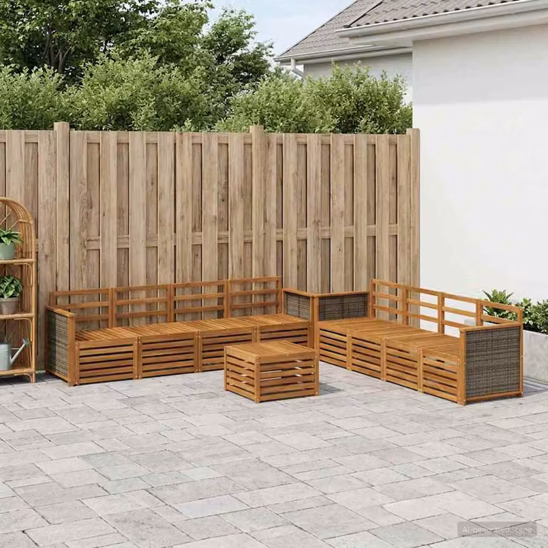 Set di divani da esterno vidaXL a forma di U in legno di acacia con cuscini beige e tavolo da caffè, 9 pezzi