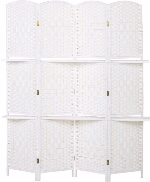 Paravento da interno HOMCOM a 4 pannelli pieghevole con mensole regolabili in legno e rattan, Bianco, H 170 x L 160 cm