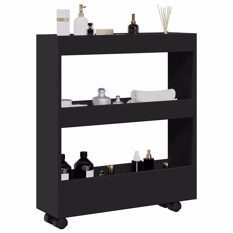 vidaXL Carrello Portaoggetti Stretto a 3 Livelli Nero in MDF Laminato con Ruote, L/P/H: 70 x 18 x 60 cm