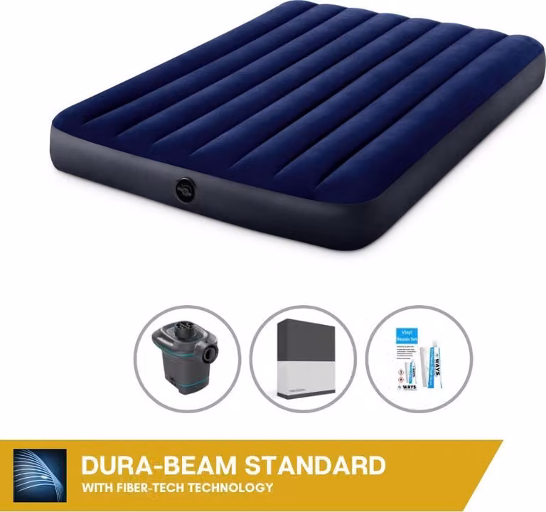 Letto gonfiabile Intex - 2 persone - 137 x 191 x 25 cm - Blu + pompa elettrica Intex - 650 litri/min + lenzuolo nero + kit di riparazione