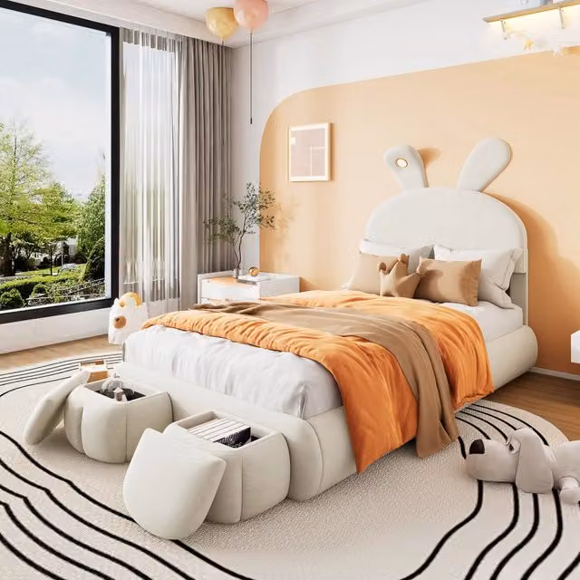 Letto Singolo REDOM in Velluto Beige con Luci LED e Compartimenti Laterali L/P/H: 200 x 90 x 30 cm