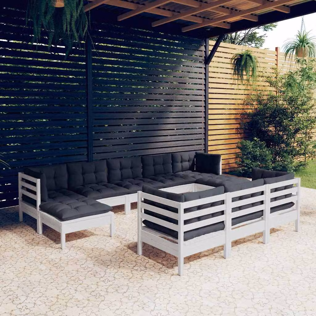Set di divani da giardino vidaXL a forma di U composto da 10 pezzi in legno di pino trattato con cuscini bianchi, antracite e grigi