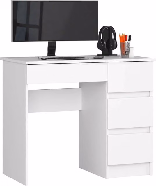 Scrivania per computer AKORD A7 Bianca con 4 cassetti, modello a destra, L/P/H: 90 x 50 x 77 cm