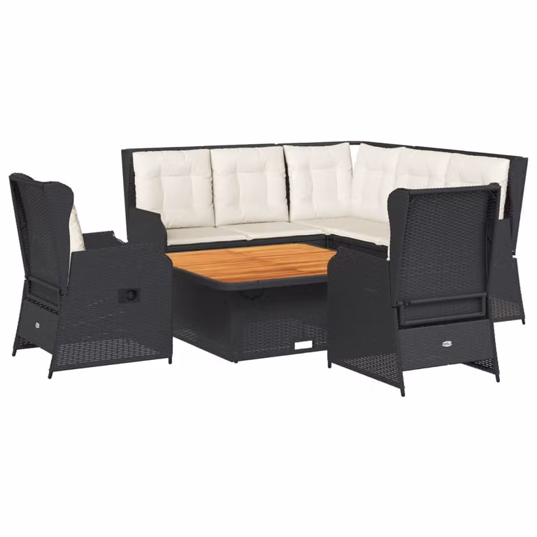 set 6 pezzi da giardino con cuscini in poly rattan nero