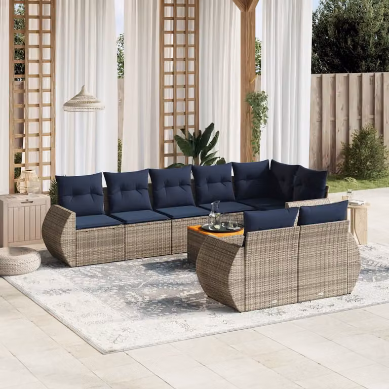 Set di divani da giardino vidaXL in polyrattan a forma di U con cuscini e tavolino da esterno, 9 pezzi, colore grigio e blu
