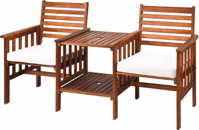 Set di sedie e tavolo in legno di acacia per esterni con foro per ombrello da 5cm, Set di mobili a 2 posti Bianco