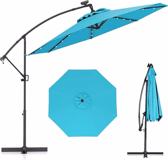 ombrellone solare a LED offset da 300 cm, ombrellone semaforico da esterno con 32 sfere luminose, manovella per la regolazione dell'inclinazione, rotazione di 360°, base a croce, turchese